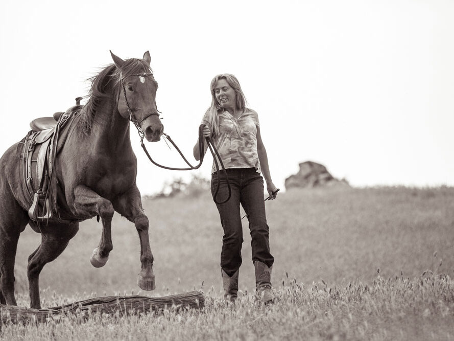 Debbie walking Troubadour in a field