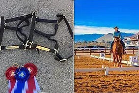 Frist and second place ribbons and Debbie riding on her horse