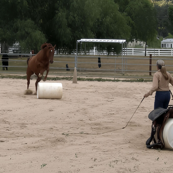 Debbie Steglic training a horse to jump over a barrel.